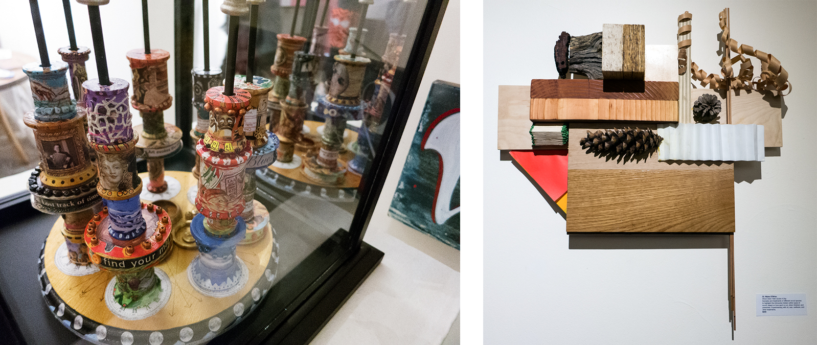 Left: "Lost Track of Timepiece" by Lucy Nims-LaFleche, Right: "Wood Grain Field Guide-A-Day" by Myles O'Brien
