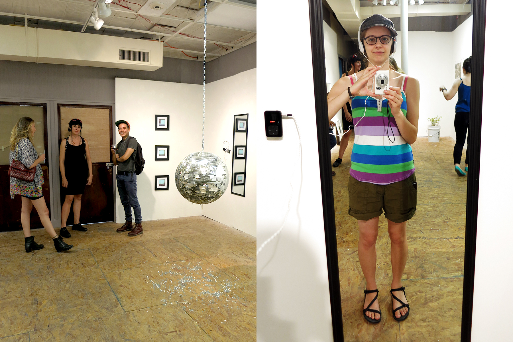 LEFT: visible are "Missing," film stills by Bug Davidson, "Evidence of Performance" (disco ball) by Local Honey, and "I AM" by David Wayne Reed.